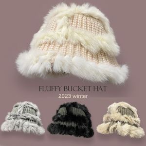 Sombreros de ala ancha cubo invierno ganchillo sombrero de piel de conejo mujeres plegable lujo mullido cálido gorros moda femenina Faux Knitting Panamá 230821