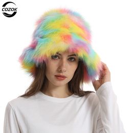 Brede rand hoeden emmer winter warme faux vacht voor vrouwen buitenkappen zachte fleece visser cap pluizig oorwarmer ski -vakantie 230822
