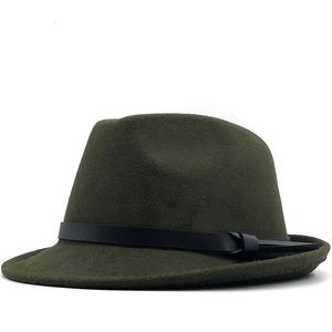 Chapeaux à large bord seau hiver blanc hommes Jazz Cap Gentleman Fedoras laine Homburg mâle classique ruban étroit chapeau réglable haut 231027