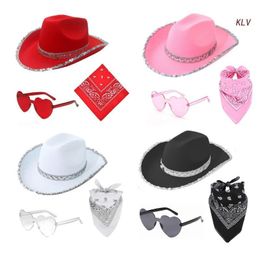 Brede Rand Hoeden Emmer Vrouwen Cowboyhoed Westerse Zakdoek Hart Zonnebril Set Cosplay Feestkostuum Fedora Hoed Hoofdtooi 230829