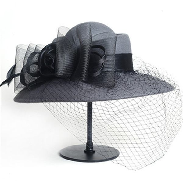 Large Brim Chapeaux Seau Femmes Floppy Chapeau Laine Floral Voile Filet Plume Derby Fedoras Occasion Formelle Dance Party Summer Beach 230831