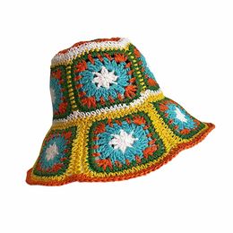 Sombreros de ala ancha cubo mujeres hechas a mano abuelita floral crochet sombrero artesanía bohemia paja para damas 230927