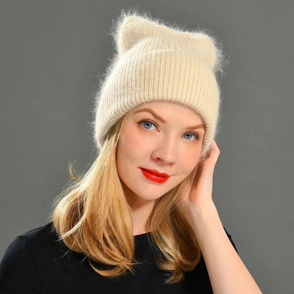 Chapeaux à large bord seau femmes tricoté chapeau d'hiver oreilles femme chaud lapin cheveux bonnet filles solide cachemire Skullies doux 231020