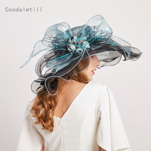 Brede Rand Hoeden Emmer Vrouwen Zomer Kerk Organza Zonnehoed Bloem Bruiloft Tovenaar Elegante Grote Dames Fedora Femme Strand 230831