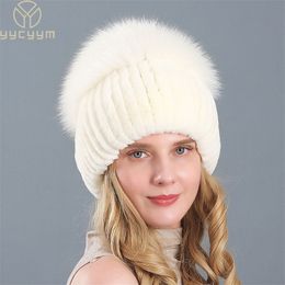 Breite Krempe Hüte Eimer Frauen Winter Luxus Echt Rex Kaninchen Pelz Hut Gestrickte Top Natürliche Kappe Echte 231218