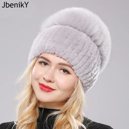 Breite Krempe Hüte Eimer Frauen Winter Luxus Echt Rex Kaninchen Pelz Hut Gestrickte Top Natürliche Kappe Echte Mützen 231218