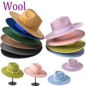 Chapeaux à large bord seau laine Fedora Lotus rose hiver Jazz 9cm bord hommes et femmes vert 230504