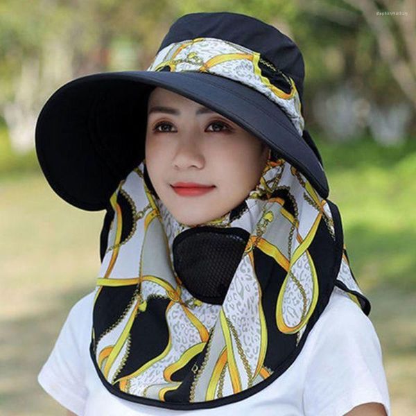 Chapeaux à large bord Casquettes Accessoires de vêtements Chapeau de cueillette de thé Polyester avec rabat de cou Protection UV d'été Femmes Sun Flower Print Bucket