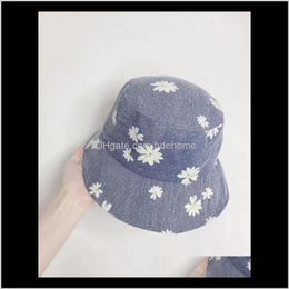 Brede Bravel Hats Caps Hoeden, Sjaals Handschoenen Mode Aessoires Drop Levering 2021 07-39330-XHD Koreaanse stijl Denim Daisy Flower Lady Bucket Cap