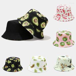 Brede rand hoeden cartoon avocado visser hoed omkeerbare emmer voor vrouwen mannen street hiphop opvouwbare panama cap vintage bedrukte vissen eger