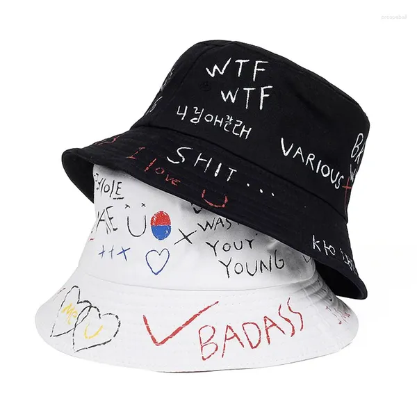 Chapeaux à large bord Casual Summer Panama Fashion Cap Bucket Hip Hop Hat Fisherman Lettre Graffiti Style pour un usage quotidien