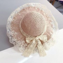 Chapeaux à large bord enfants filles beau chapeau de paille sac à main à larges bords dentelle arc soleil été plage seau accessoires cadeaux créatifs