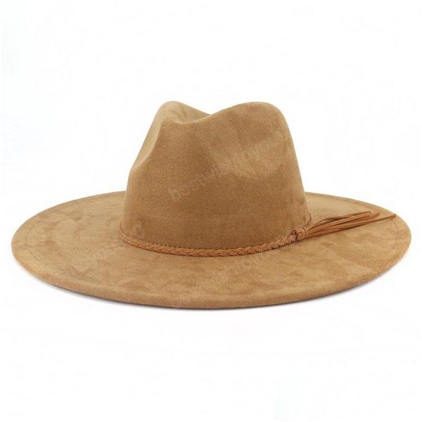 Sombreros de ala ancha Gamuza clásica 9.5 cm Sombrero Fedora para mujeres Hombres Iglesia Jazz Decorar Vestido formal Ca Drop Entrega Accesorios de moda S Dhjie