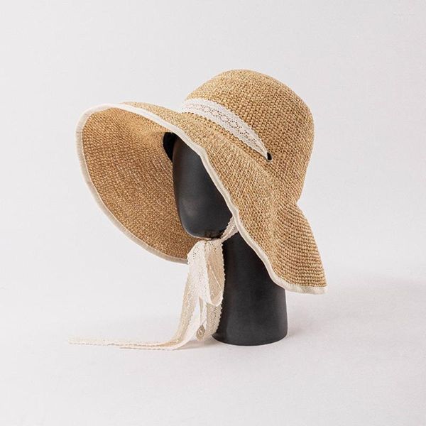 Sombreros de ala ancha Sombrero de rafia trenzado a mano plegable con correa de encaje Sol de viaje de playa al aire libre grande