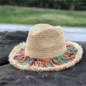 Large Bord Chapeaux Coloerfull Gland Ruban Décorer Chapeau De Paille Ombrage Soleil Caps Lady Mode Plage Cap Jazz Été Seau ChapeauxWide Wend22