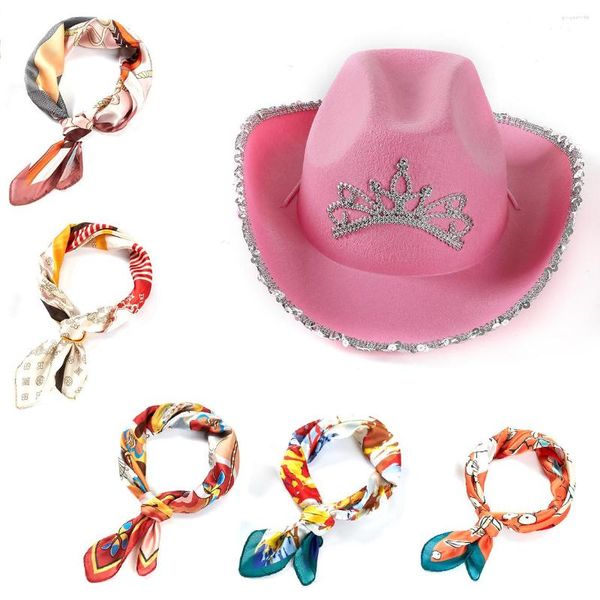 Chapeaux à large bord chapeau de Cowgirl pour femmes avec foulard carré en soie Western Girl diadème rose casquette de Cowboy fête costumée de vacances