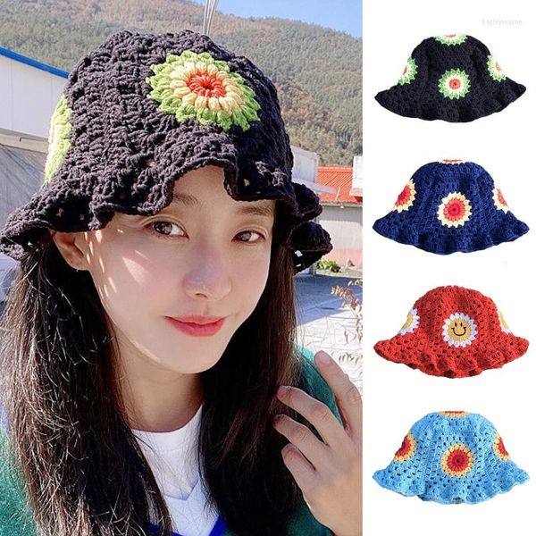 Sombreros de borde anchos Patrón de flores de crochet sombrero de cubo multicolor a prueba de sol