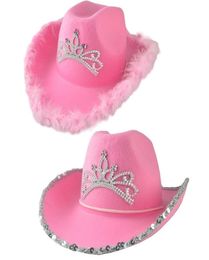 Chapeaux à bord large couronne rose Cowboy Caps Western Cowgirl Cowgirl For Women Girl Feather Edge Sequins Shiny Tiara Cowgirl Hats Party Fedor1144611