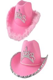 Hates de borde anchos Corona Pink Cowboy Caps Western Cowgirl Gat For Women Girl Feather Edge Shiny Sequins Tiara Cowgirl Hats Party Fedor4145451