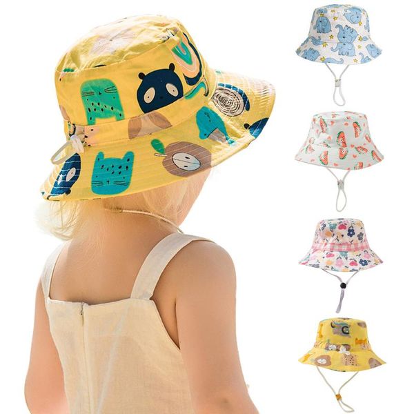 Sombreros de ala ancha lindo impreso lavabo bebé sombrero niños ajustable pescador protector solar verano playa sol flexible gorra plana plegable