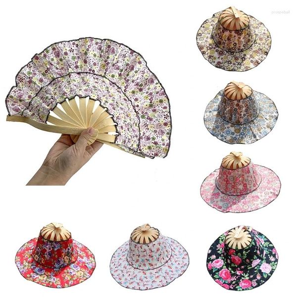 Sombreros de ala ancha D0LF Ventilador de mano plegable Sombrero para el sol 2 en 1 Estilo chino Portátil Floral Impreso Mano Playa Cap Bambú