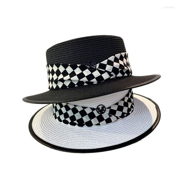 Sombreros de ala ancha Doit Summer Lady Sun Hat Británico Retro Flat Cap Plaid Visor Playa Paja Mujeres Vacaciones al aire libre Ocio Protector solar Caps