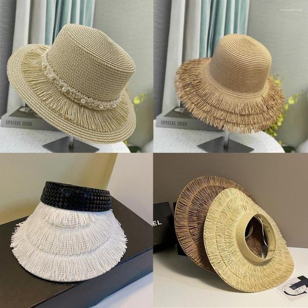 Sombreros de ala ancha con borlas de doble capa para primavera y verano, sombrero de paja con protector solar para mujer, para viajes al aire libre, playa, cubo de moda 2023