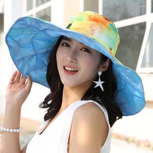 Brede rand hoeden dubbele zijde eenvoudige opvouwbare zon hoed strand vrouwen zomer uv Bescherming Reisdap Tie kleurstofpatroon Afdrukken Ademend DELM22