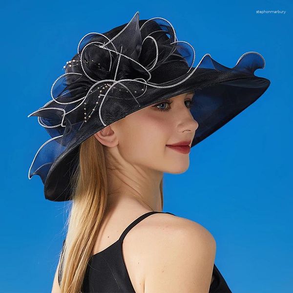 Chapeaux à large bord élégant fleur maille volants crème solaire soleil pour femmes chapeau de mariage accessoires de fête vintage