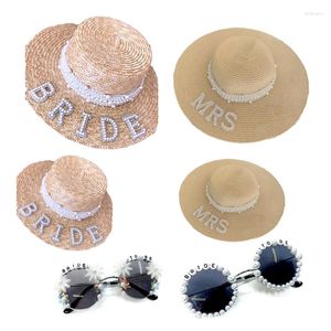 Brede rand hoeden elegante strowevende bruid hoed zonnebril bruiloft anti-uv met parel decors dxaa