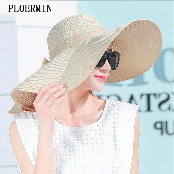 Sombreros de ala ancha Estilo elegante Verano Sombrero de paja grande Mujeres adultas Niñas Moda Sun Uv Protect Big Bow Beach1