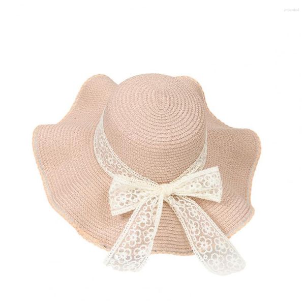 Sombreros de ala ancha Bordado Patrón de flores Cinta Bowknot Decoración Sombrero para el sol Cúpula redonda Mujeres delgadas Paja flexible