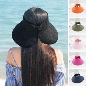 Sombreros de ala ancha, parte superior vacía, parte trasera dividida, decoración con lazo, sombrero para el sol, protección fina, grande, Color puro, accesorios de moda para la playa