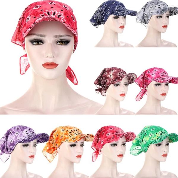 Chapeaux à large bord Mode 2024 Femmes Coton Imprimé Foulard Visière Chapeau avec Sunhat Summer Beach Sun Protection UV Femme Turban Cap