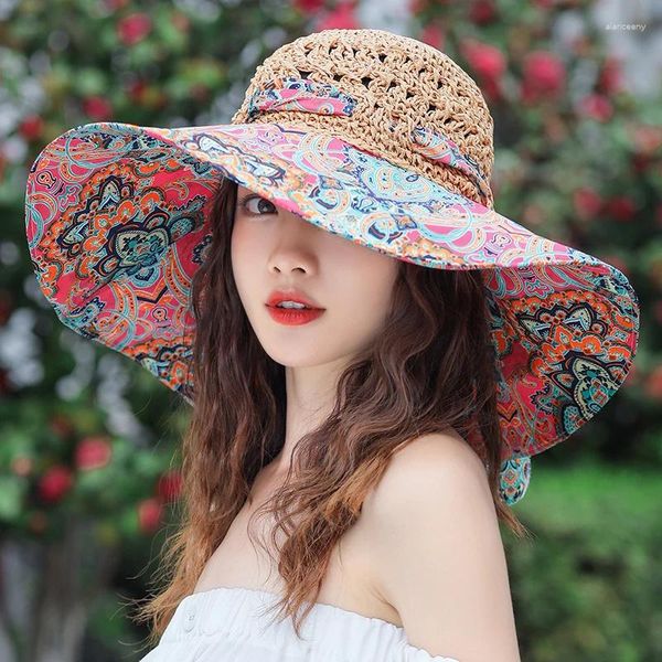 Sombreros de ala ancha Moda Estilo bohemio Sombrero de playa Plegable Gran Sol Cubo de verano para mujeres Protección UV Gorra de pescador