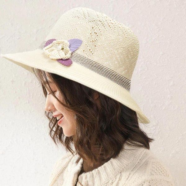 Sombreros de ala ancha Moda Faux Pearl Flower Lace Sun Bucket Cap Plegable Al aire libre Protector solar Casual Caps Ladies Plegable Elegante Playa