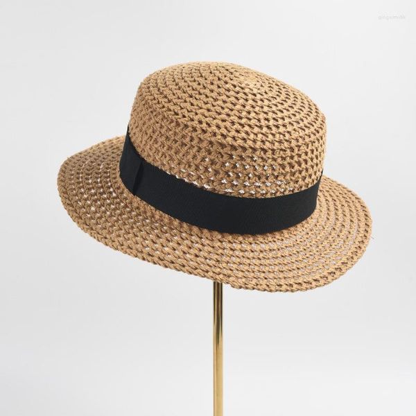 Chapeaux à large bord Fashion Flat Top Straw Beach Hat Lady Boater Sun Caps Panama Fedora Women's Travel Cap