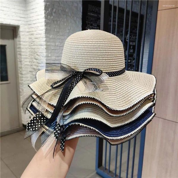 Sombreros de ala ancha Moda Vacaciones Cinta Ganchillo Visera solar Protector solar Bowknot Cap Sombrero de paja Grande