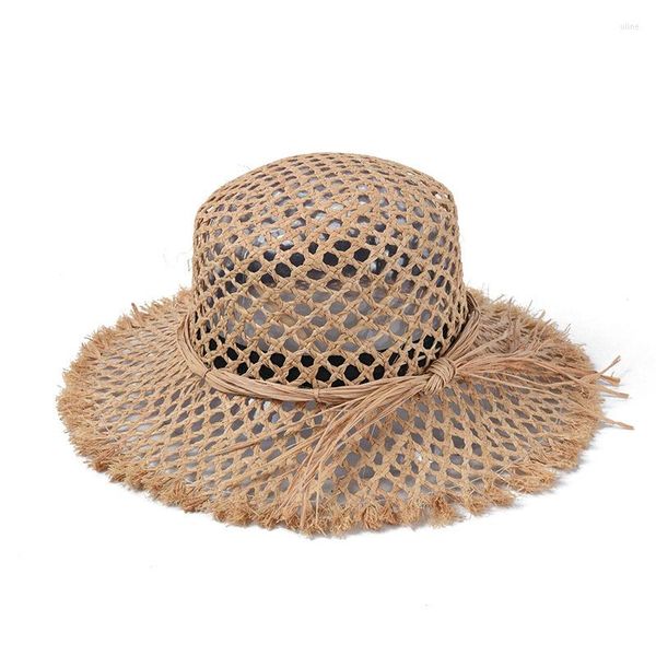 Sombreros de ala ancha moda ahueca hacia fuera el sombrero de paja de rafia para las mujeres verano playa vacaciones al aire libre UV sol señoras Panamá al por mayor