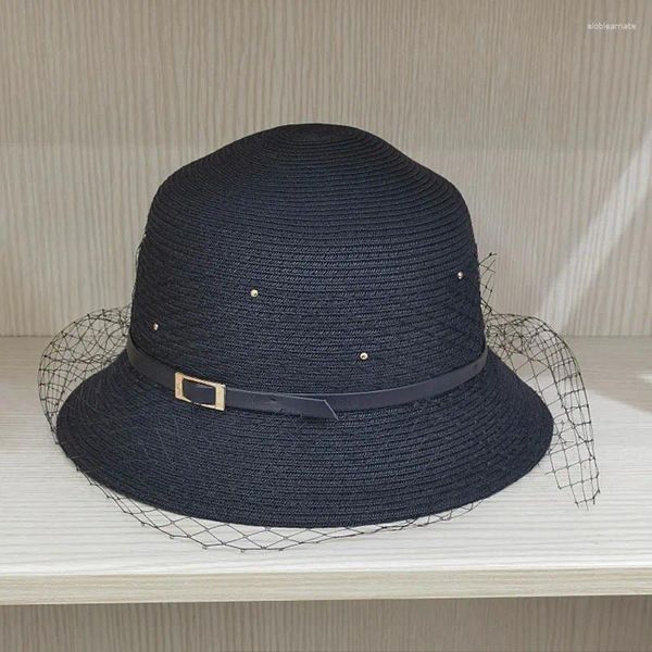 Sombreros de ala ancha Moda Cinturón japonés Malla Sombrero de cubo Elegante Damas Sombrilla Verano Protector solar al aire libre Negro Gorra blanca