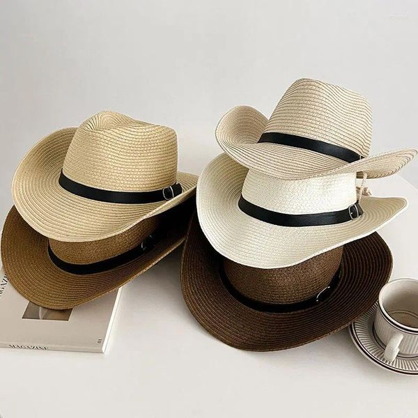 Wide Brim Hats Fashion Men's Western Cowboy Hat Femmes Summer plage Summer Sunshade Paille Bowler Casual Jazz Casual Jazz