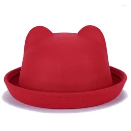 Sombreros de ala ancha Moda Padre-niño Bowler Hat Lana Fieltro Fedora para mujeres Niñas Niños Sólido Gato Oreja Formal Cap Trilby Sombrero Derby