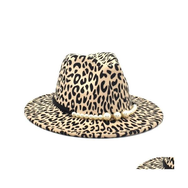 Chapeaux à large bord mode rétro imprimé léopard perle jazz chapeau haut de forme hiver imitation laine dames polyvalent Fedora Panama 3608 Q2 Drop De Dh0Kl