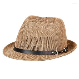 Brede randmode mode korte zomer fedora strohoed voor vrouwen/mannen uitgehold Sun Beach Trilby Jazz Cap Unisex