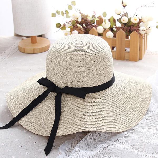 Sombreros de ala ancha Moda Verano Casual Playa Trilby Sombrero grande para el sol Paja de papel Mujeres Hombres Gorra con cinta negra