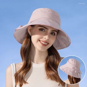 Brede rand hoeden mode dames panama cap zomer uv bescherming zonnebrandhoed bowknot emmer voor vrouwelijke outdoor fisheman strand petten