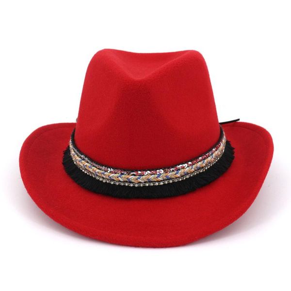 Sombreros de ala ancha Moda Mujer Lana Hueco Western Cowboy Borla Cinturón Elegante Lady Jazz Cowgirl Toca Sombrero Cap Tamaño 56-58cm