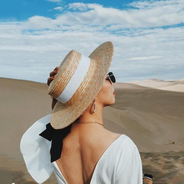 Sombreros de ala ancha Moda Mujer Sombrero de playa de verano para dama Viaje Sol Paja Chicas Retro Parasol Panamá Mujer Chapeu Feminino Caps