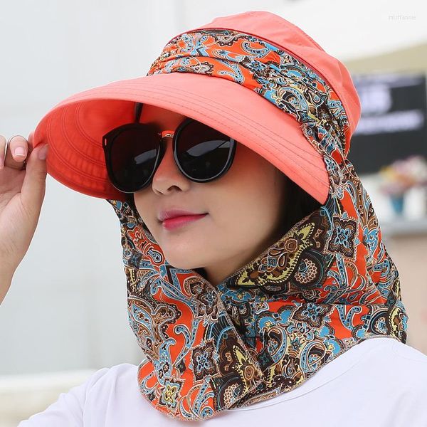 Sombreros de ala ancha Moda Mujer Verano Montar al aire libre Anti-UV Sombrero para el sol Playa Protector solar plegable Estampado floral Gorras Cuello Cara