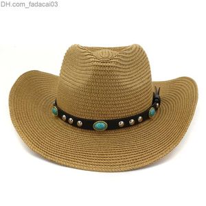Sombreros de ala ancha Sombrero de playa de verano de moda Sombreros de paja de papel de vaquero para hombres Mujeres Gorra de visera estilo Panamá de ala ancha con decoración de cinturón Z230706